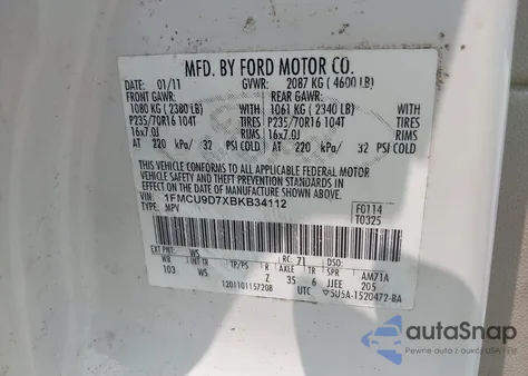 2011 Ford Escape Xlt z USA, uszkodzony, nr VIN 1FMCU9D7XBKB34112